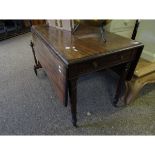 19TH CENTURY MAHOGANY PEMBROKE TABLE WITH SINGLE DRAWER TO END ON RING TURNED LEGS RAISED ON BRASS