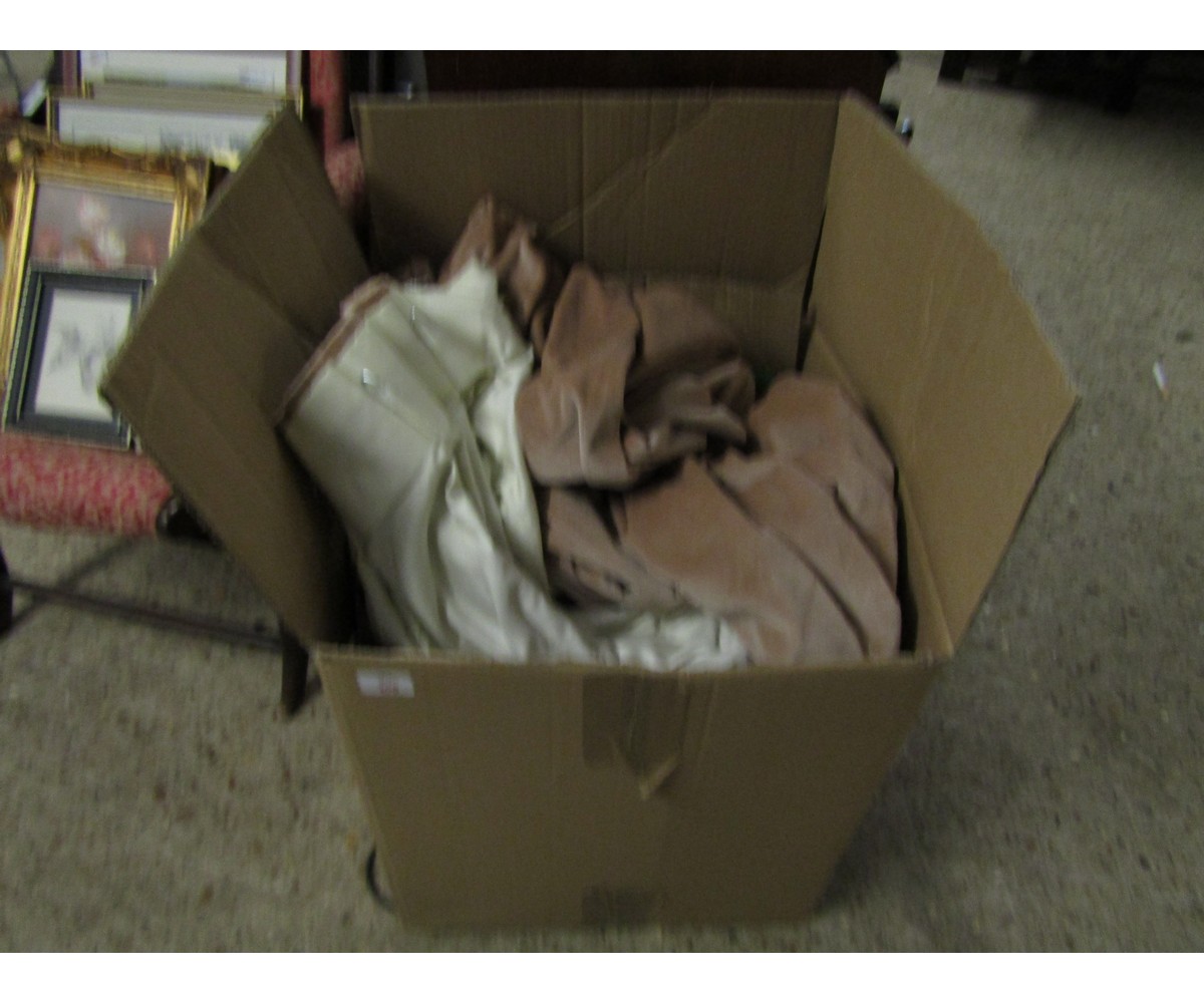 BOX CONTAINING BROWN VELOUR CURTAINS