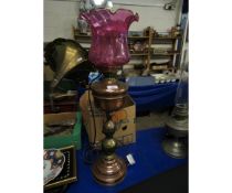 COPPER AND BRASS ELECTRIC LAMP WITH CRANBERRY SHADE