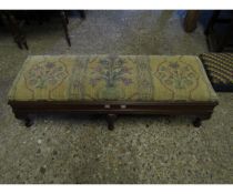 19TH CENTURY MAHOGANY FRAMED RECTANGULAR FOOT STOOL WITH EMBROIDERED TOP SUPPORTED ON SIX PAD FEET