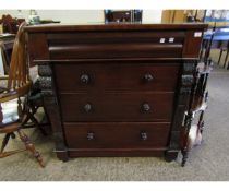 19TH CENTURY MAHOGANY SCOTS CHEST WITH FOUR FULL WIDTH DRAWERS WITH TURNED KNOB HANDLES AND CARVED