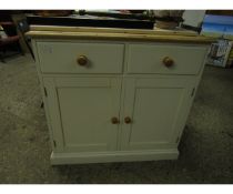 PINE AND CREAM PAINTED SIDE CUPBOARD WITH TWO DRAWERS OVER TWO CUPBOARD DOORS WITH PINE KNOB HANDLES