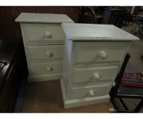 PAIR OF WHITE PAINTED THREE DRAWER PINE FRAMED BEDSIDE CHESTS WITH TURNED KNOB HANDLES