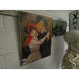 OIL ON CANVAS OF A DANCING COUPLE TOGETHER WITH A FURTHER CONTINENTAL PRINT ON CANVAS OF A