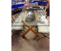 GLASS TOP OAK X-FRAMED DINING ROOM TABLE