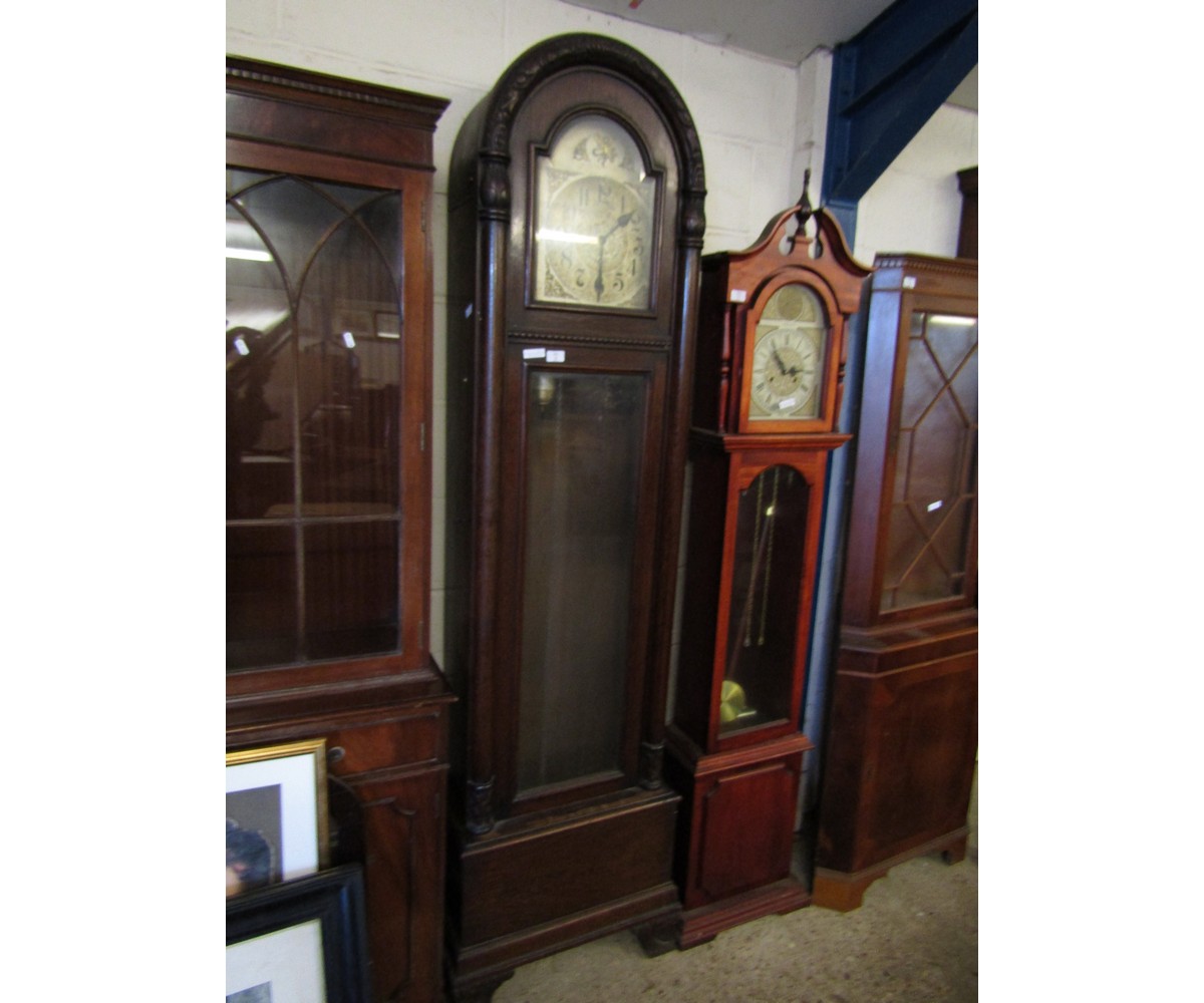 OAK FRAMED ARCH TOP GRANDMOTHER CLOCK WITH SILVERED DIAL AND WEIGHTS