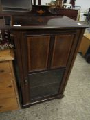 EDWARDIAN MAHOGANY AND SATINWOOD BANDED MUSIC CABINET WITH PANELLED AND GLAZED DOOR