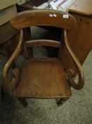 19TH CENTURY ELM SCROLL ARMCHAIR WITH BAR BACK AND TURNED FRONT LEGS