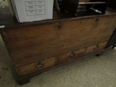 LATE 18TH CENTURY PINE LIFT UP TOP TRUNK WITH THREE DRAWERS TO BASE RAISED ON BRACKET FEET