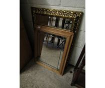 PINE AND LEADED FRAME MIRROR TOGETHER WITH A GILT FRAMED RECTANGULAR WALL MIRROR