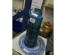 DECORATIVE STUDIO POTTERY JUG, TWO BLUE AND WHITE PRINTED PLATES, GLASS TANKARD AND TWO-TONE VASE