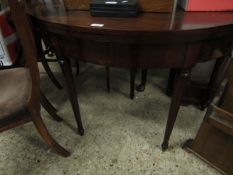 19TH CENTURY MAHOGANY DEMI-LUNE FOLD OVER CARD TABLE ON FOUR TURNED LEGS (A/F)