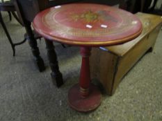 RED LACQUERED AND GILDED WINE TABLE WITH TURNED COLUMN AND CIRCULAR BASED RAISED ON BUN FEET