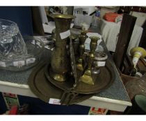 INDIAN ETCHED BRASS TRAY, CANDLESTICKS, VASES ETC