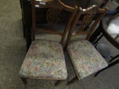 PAIR OF WALNUT PIERCED SPLAT BACK BEDROOM CHAIRS WITH FLORAL UPHOLSTERED SEAT AND RING TURNED