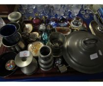 TRAY CONTAINING MIXED PAPER WEIGHTS, PEWTER PLATE WARMER, TANKARDS ETC