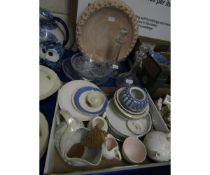 BOX CONTAINING MIXED BACHELOR'S TEA SET, CHINA WARES, PAIR OF GLASS DECANTERS, BOWLS, TERRACOTTA