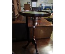 TEAK FRAMED WINE TABLE WITH GREEN LEATHER INSERT ON A TRIPOD BASE