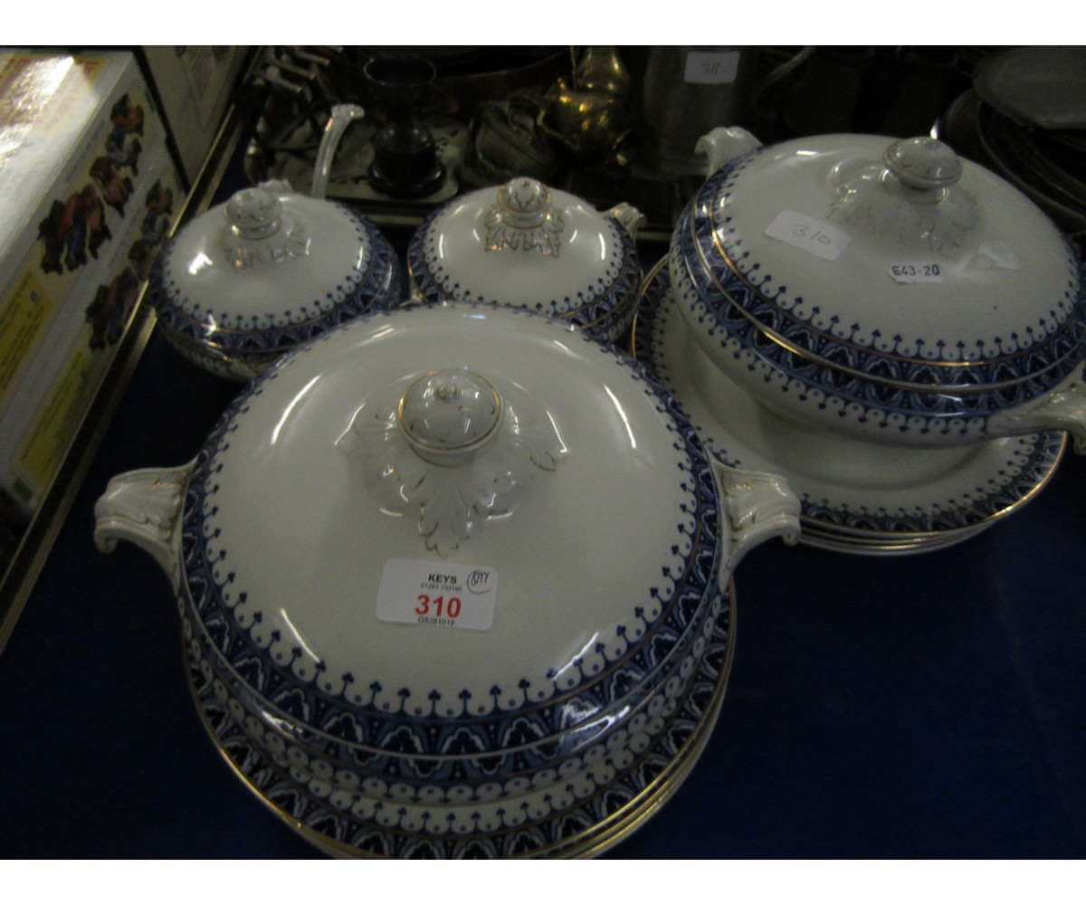 ALPHA BLUE AND GILDED PRINTED SET OF FOUR TUREENS AND DINNER PLATES