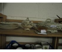 VICTORIAN GREEN PRINTED TUREENS, SIDE PLATES AND A THREE PIECE DRESSING TABLE SET