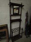 EDWARDIAN MAHOGANY MIRRORED BACK WALL STAND WITH SECTIONAL STICK STAND WITH OPEN SHELF