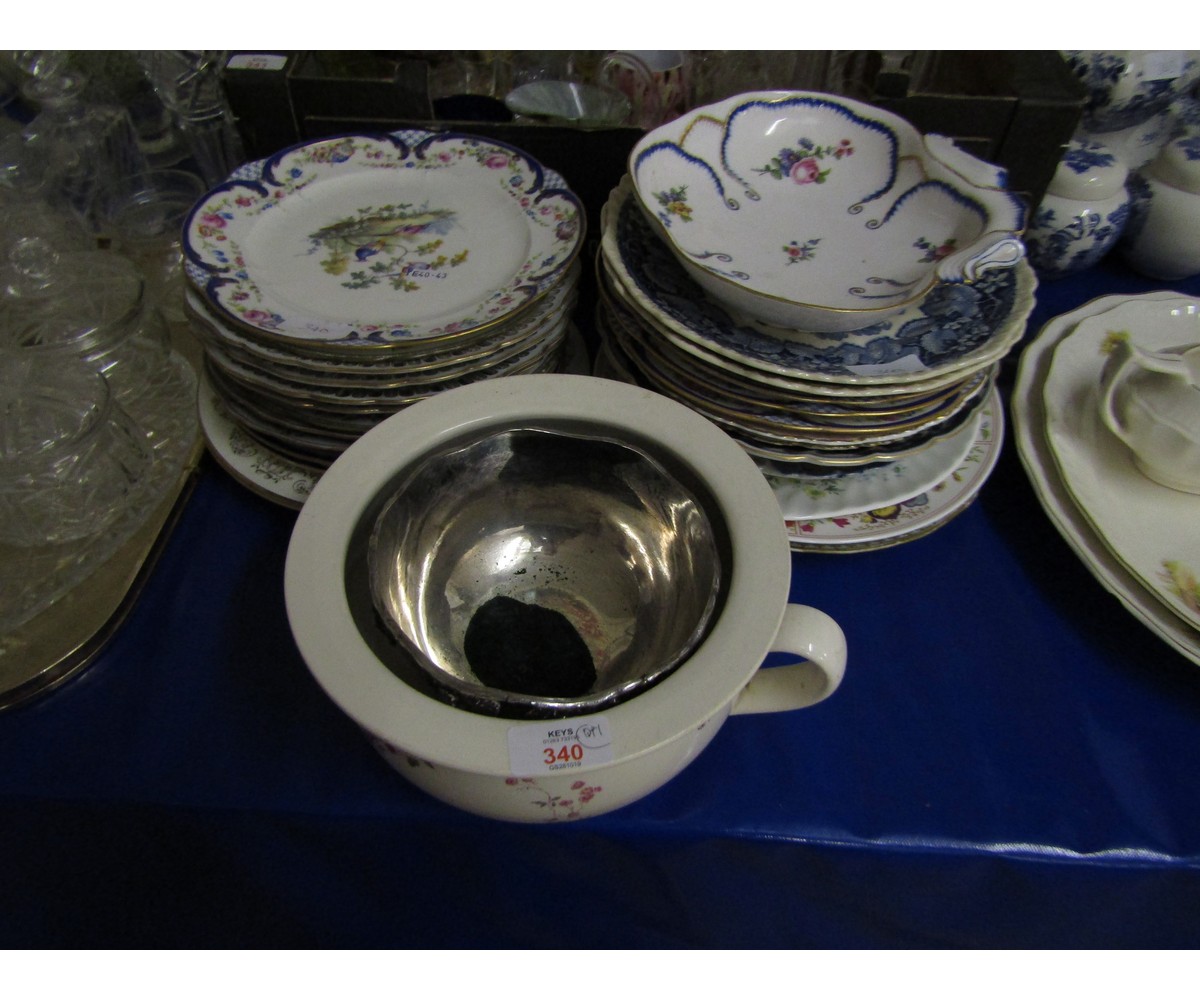 CHAMBER POT AND A QUANTITY OF PLATES, IMARI DISHES, CONTINENTAL RIBBON EDGED PLATES ETC