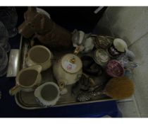 TRAY CONTAINING A SYLVAC TYPE BROWN GLAZED DOG, BACHELOR'S TEA SET, SILVER BACKED HAIR BRUSH ETC