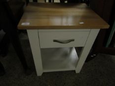 MODERN OAK TOP WHITE PAINTED BEDSIDE TABLE WITH SINGLE DRAWER AND OPEN SHELF
