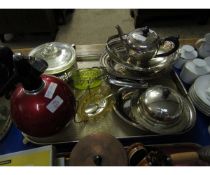 TRAY OF MIXED SILVER PLATED WARES, SODA SIPHON, DISHES, TEA POT ETC