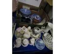 MIXED LOT OF PART TEA WARES, BLUE AND WHITE PRINTED PLATES ETC