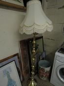 BRASS BOBBIN COLUMN STANDARD LAMP WITH CREAM SHADE