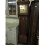 OAK FRAMED LONGCASE CLOCK WITH BRASS DIAL SIGNED LINTON WRIGHT AND WEIGHTS