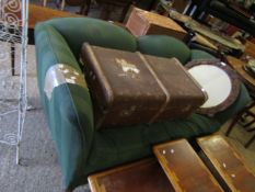 19TH CENTURY MAHOGANY FRAMED GREEN STRIPED UPHOLSTERED TWO-SEATER SOFA ON BRASS CASTERS