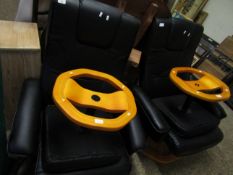 PAIR OF BLACK LEATHERETTE LAZYBOY TYPE CHAIRS AND FOOT STOOLS (4)