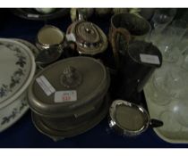 SILVER PLATED BISCUIT BARREL, A SILVER LUSTRE TEA SET ETC