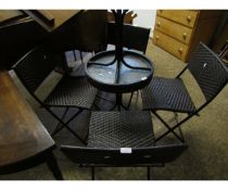RATTAN GARDEN SET COMPRISING TWO CIRCULAR TABLES AND FOUR FOLDING CHAIRS (6)