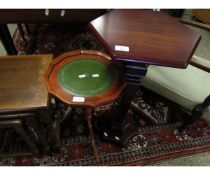 TEAK WINE TABLE WITH GREEN LEATHER INSERT TOGETHER WITH A FURTHER TEAK HEXAGONAL TOP PLANT STAND (2)