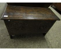 GOOD QUALITY MODERN SIX-PLANK COFFER WITH CARVED FIGURE FRONT