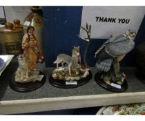 THREE COUNTRY ART FIGURES, "CALL OF THE WARRIOR", "THE WATERHOLE" AND "SPARROWHAWK"