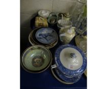 MIXED LOT OF DECORATIVE PLATES, CHINA WARES, BLUE AND WHITE TUREEN ETC