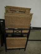 FOUR METAL FRAMED TWO-TIER WICKER SHELVES