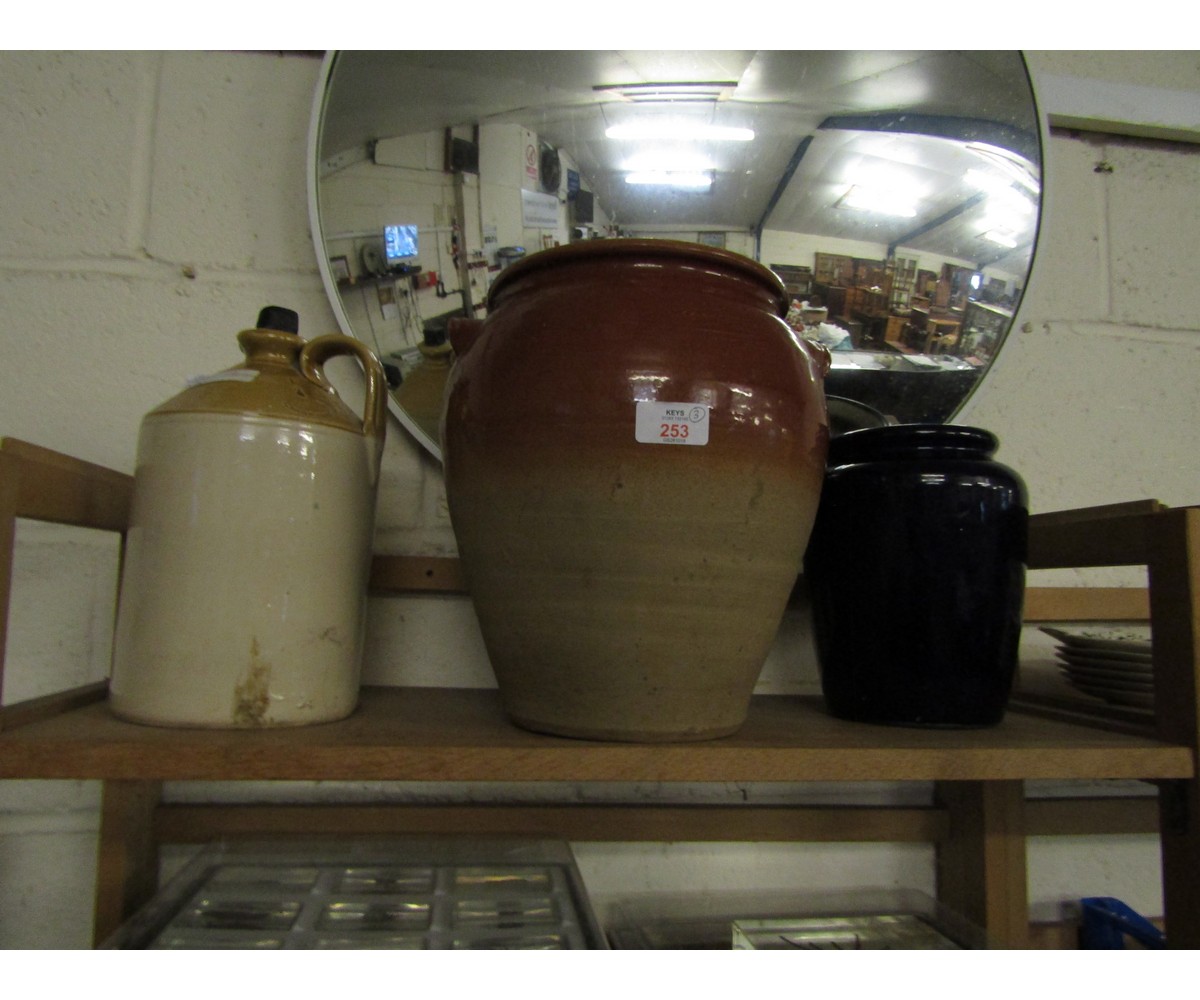 STONEWARE POT, FLAGON AND A BLUE GLAZED POT