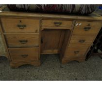 19TH CENTURY PINE KNEEHOLE DESK FITTED WITH SEVEN DRAWERS WITH CENTRAL CUPBOARD DOOR WITH SWAN