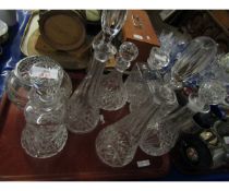 TRAY CONTAINING MIXED CUT GLASS DECANTERS ETC