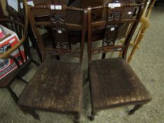 PAIR OF WALNUT FRAMED CARVED SPLAT BACK BEDROOM CHAIRS WITH BROWN UPHOLSTERED SEATS ON FLUTED