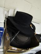 BOX CONTAINING MIXED GENTS HATS, CRICKET PADS ETC