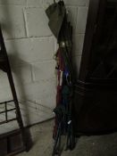 GROUP OF MIXED FISHING RODS, STOOLS ETC