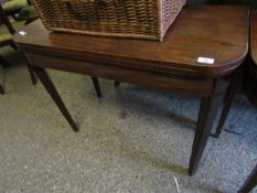 19TH CENTURY MAHOGANY FOLD OVER CARD TABLE WITH GREEN BAIZE LINED INTERIOR ON TAPERING SQUARE LEGS