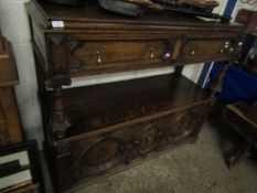 EARLY 20TH CENTURY OAK FRAMED SIDEBOARD WITH TWO DRAWERS WITH OPEN SHELF OVER TWO CIRCULAR