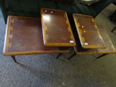 PAIR OF RETRO TEAK TWO-TIER SIDE TABLES ON TAPERING CIRCULAR LEGS, STAMPED "LANE" TO BASE